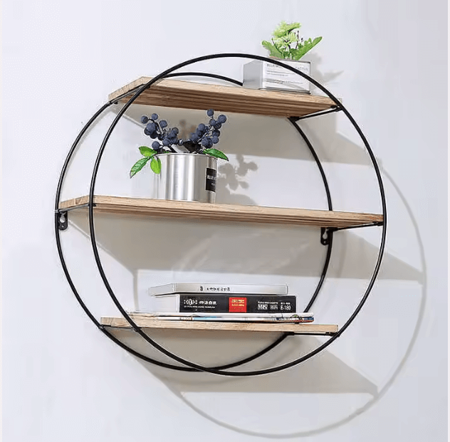 Round Wall-Mounted Shelf with Iron Frame and Wood Panels