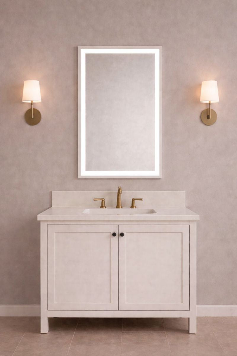 thumbnail interactive-video image 1 of 40x32 LED Bathroom Mirror – Lighted Vanity Mirror With Bluetooth – White Frame 1 of 4